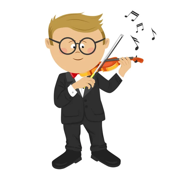 Piccolo ragazzo nerd con gli occhiali che suonano il violino — Vettoriale Stock