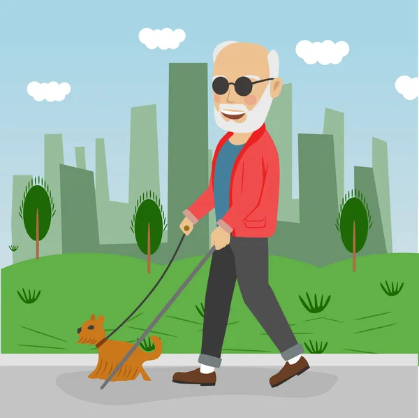 Senior cieco con cane guida che cammina all'aperto nel parco cittadino — Vettoriale Stock