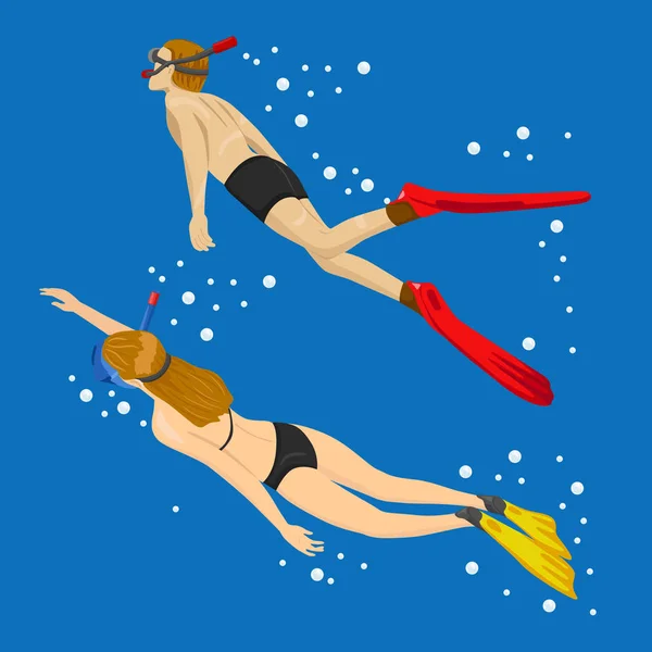 Pareja joven nadando juntos en el mar tropical - Tour de snorkel en escenarios exóticos — Vector de stock