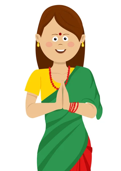 Ινδική γυναίκα που φοράει παραδοσιακή όμορφη saree, κρατώντας τα χέρια μαζί — Διανυσματικό Αρχείο