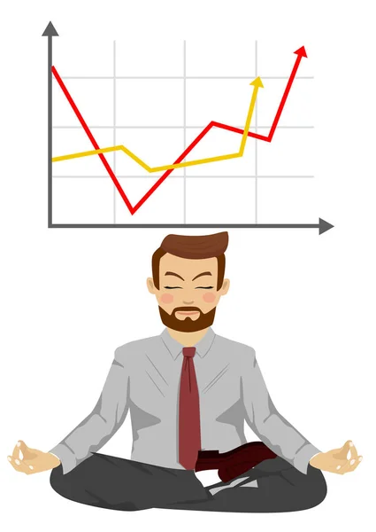 Счастливый бизнесмен медитирует в позе лотоса на графике с положительной статистикой. Концепция успешного роста компании — стоковый вектор