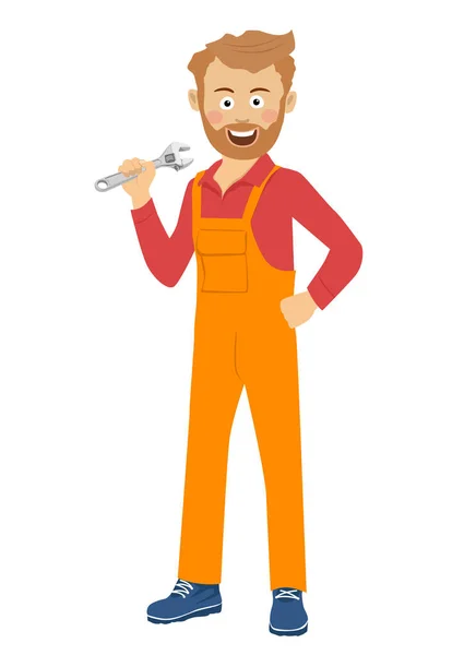 Car service, repair, maintenance and people concept - auto mechanic man or smith with wrench at workshop — Stock Vector