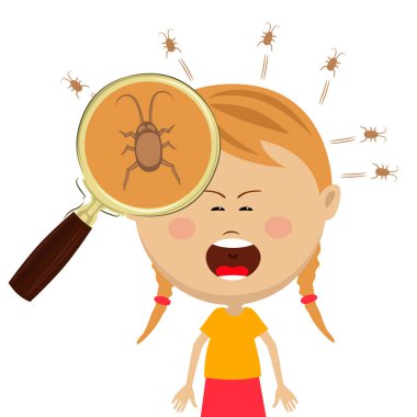 Magnifying glass shows lice in the head of cryng little girl clipart