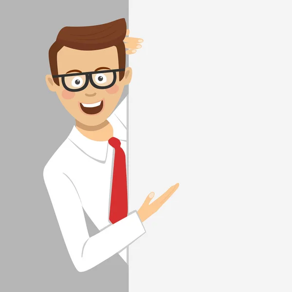 Joven hombre de negocios con gafas mostrando tablero vacío en blanco — Vector de stock