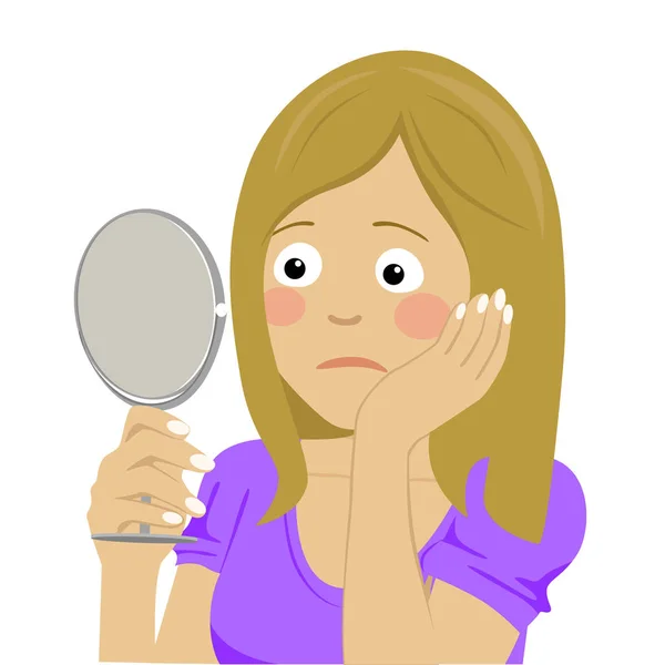 Unhappy and dissatisfied young woman looking at her skin in the mirror — Stock Vector