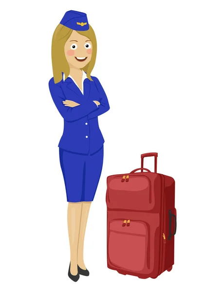 Young beautiful air hostess with suitcase isolated on white background — Stock Vector