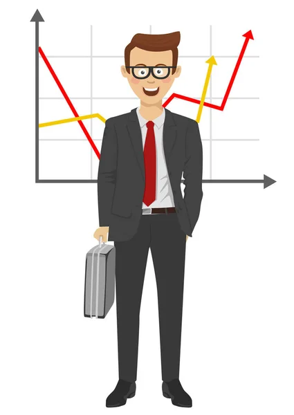 Joven hombre de negocios con maletín de pie sobre gráfico de negocios positivo — Vector de stock