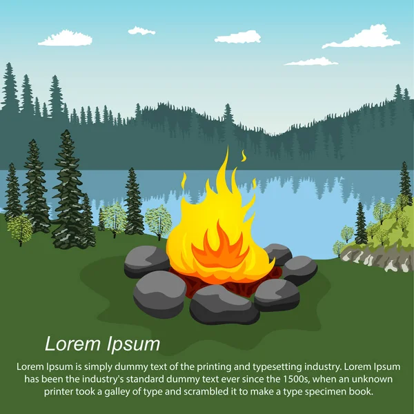 Orange blazing campfire by beautiful lake in evening with copyspace for text — Stock Vector