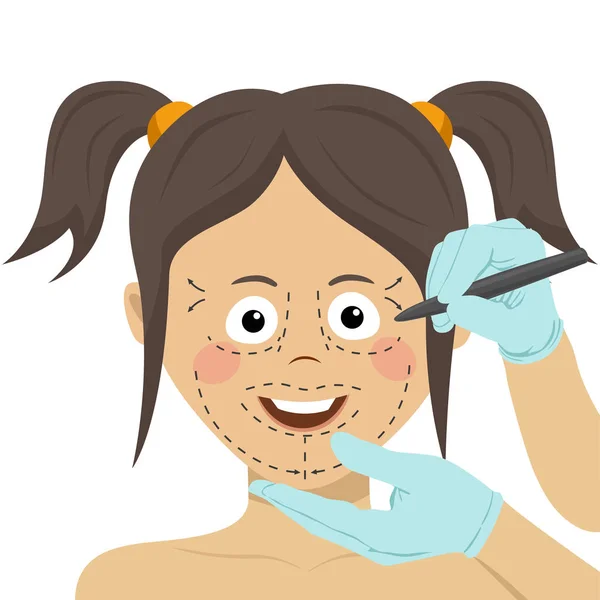 Le chirurgien dessine des marques sur le visage féminin. Concept de chirurgie plastique — Image vectorielle