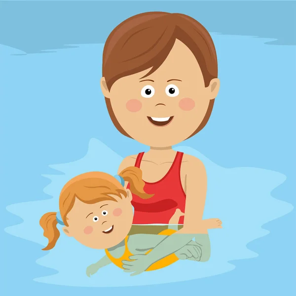 Jovem mãe feliz ensina sua filha a nadar na piscina — Vetor de Stock