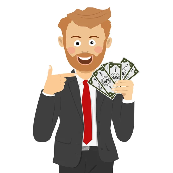 Happy business man pointing to a fan of dollar bills — Stock Vector