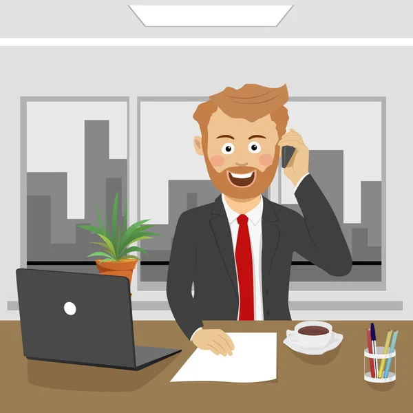 Joven hombre de negocios hablando por teléfono sentado en la oficina con el ordenador portátil — Vector de stock