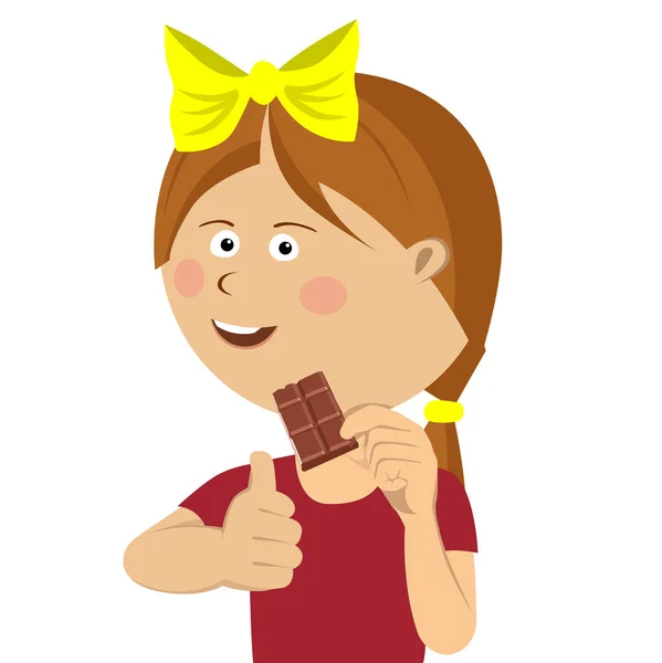 Niedliches kleines Mädchen, das Schokolade isst und Daumen nach oben gibt — Stockvektor