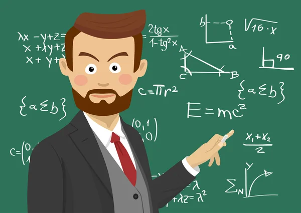 Muž vážné učitel ve škole ve třídě před tabulí s vzorce připraven k práci — Stockový vektor