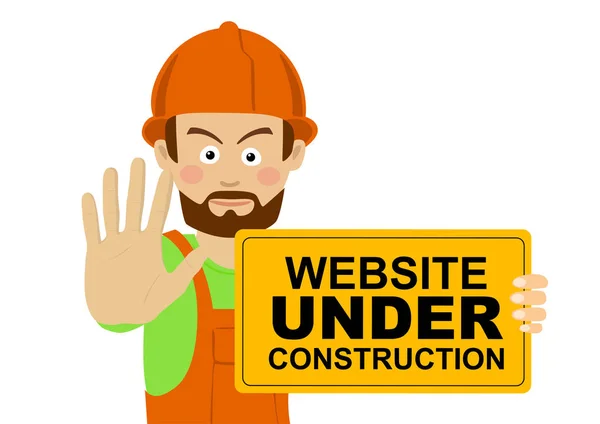 Grave lavoratore uomo che indossa hard hat tenuta banner con sito web in costruzione testo che mostra stop gesto — Vettoriale Stock