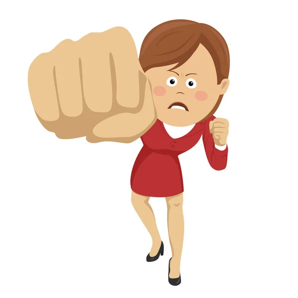 Jeune femme d'affaires en colère punch avec gant de boxe isolé sur fond blanc — Image vectorielle