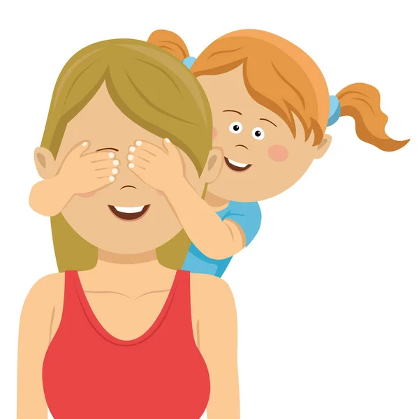 Linda hija cubriendo los ojos de las madres con sus manos — Vector de stock