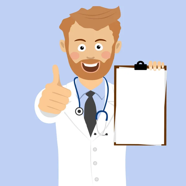 Young bearded medical doctor showing blank clipboard giving thumbs up — Stock Vector