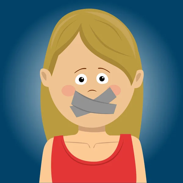 Mujer joven asustada con cinta adhesiva sobre su boca — Vector de stock
