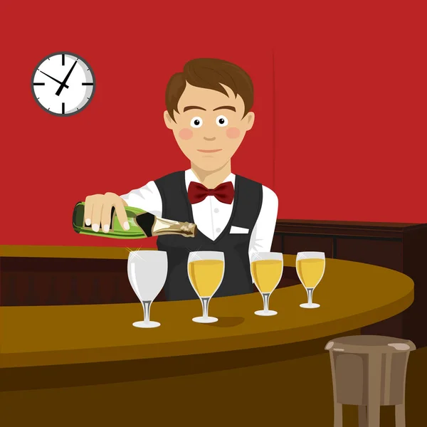 Unga bartendern häller champagne i ett vinglas i bar — Stock vektor