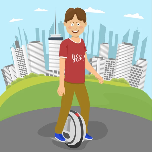 Nastolatek chłopiec jazda elektryczne unicycle poza miasto w sezonie letnim — Wektor stockowy