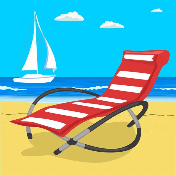 Paradise beach in the sea with yacht and deckchair. Tropical resort — Stock Vector