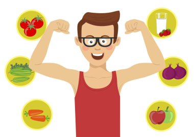 Kasların sağlıklı gıda karşı gösterilen gözlüklü genç nerd adam