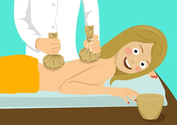 Gelukkig jongedame met hete terug pappen massage in de spa salon — Stockvector