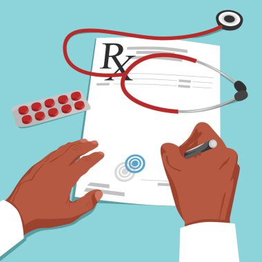 Üstten Görünüm reçete kağıda yazı Afrikalı-Amerikalı doktor eller. Sağlık ve tıp kavramı.
