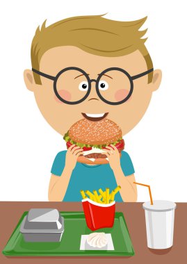 Sevimli öğrenci lokanta Okul kantininde hamburger yemek