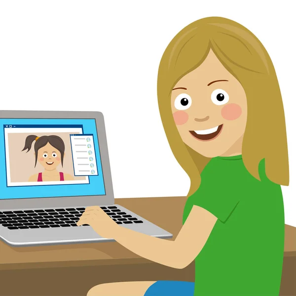 Linda chica adolescente charlando con su novia utilizando el ordenador portátil en la oficina mirando por encima del hombro — Archivo Imágenes Vectoriales