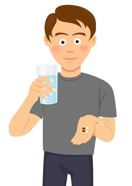 Jovem está pronto para tomar pílulas segurando um copo de água —  Vetores de Stock