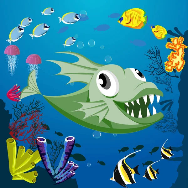 Carino pesce mostro sorridente tra habitat marini, coralli e scogliere — Vettoriale Stock