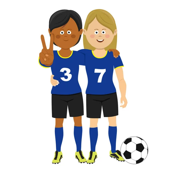 Ganzkörperporträt von zwei Fußballerinnen, die sich umarmen und auf einem Siegeszeichen mit Ball posieren — Stockvektor