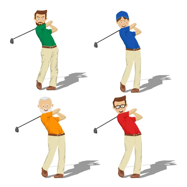 Cuatro jugadores masculinos de golf de diferentes edades golpeando la pelota — Vector de stock