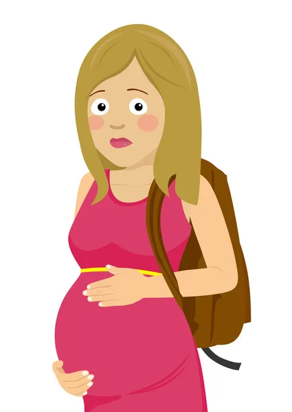 Молодая несчастная беременная студентка с рюкзаком колледжа трогает живот — стоковый вектор