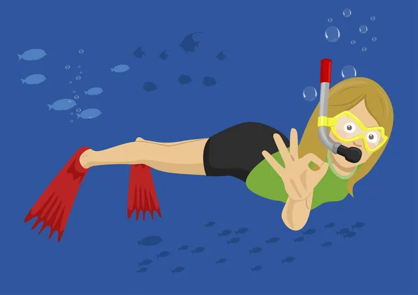 Jovem mulher vestindo mergulho terno snorkeling e mostrando ok sinal sobre fundo subaquático —  Vetores de Stock