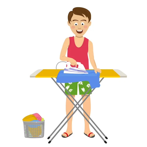 Jeune homme heureux repasser ses vêtements sur planche à repasser à la maison — Image vectorielle