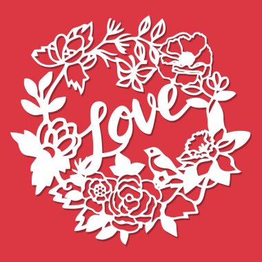 Vintage siluet kağıt kesme çiçek çelenk çerçeve seviyor