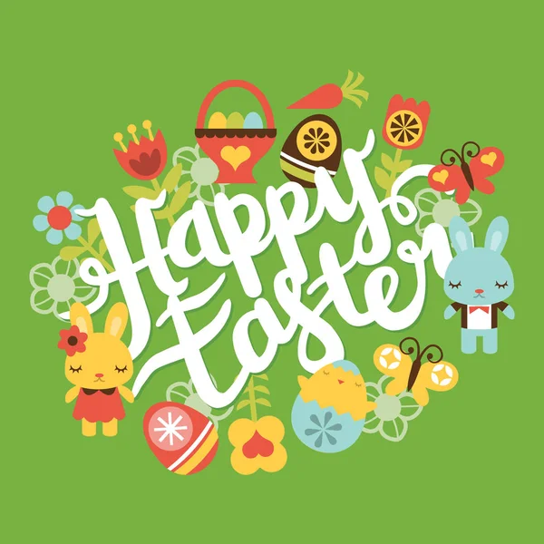 Retro Folk Happy Easter Lettering Phrase — Stock Vector