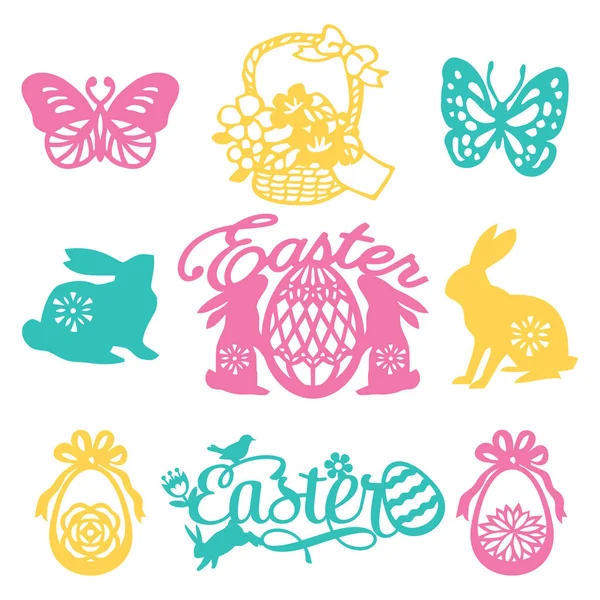 Vintage Paper Cut Silhouette Easter Filligree Set — Stock Vector