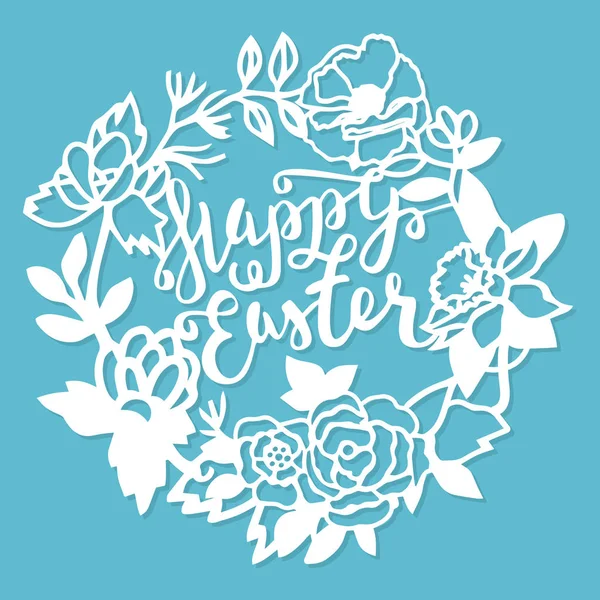 Vintage Paper Cut Garden Flowers Wreath Frame Happy Easter — Stock Vector