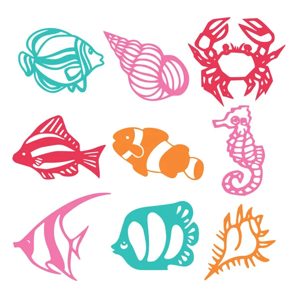 Paper Cut Siluet Underwater Animals Set - Stok Vektor