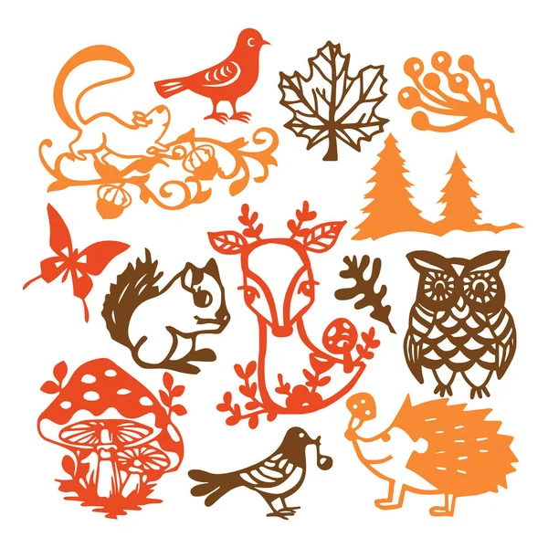 Paper Cut Silhouette Vintage Forest Animals Set — Stock Vector