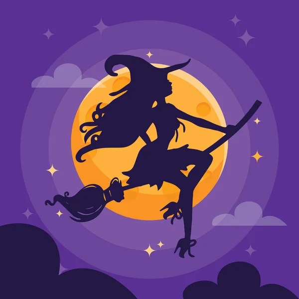 Sexy Sorcière Silhouette sombre nuit d'Halloween — Image vectorielle