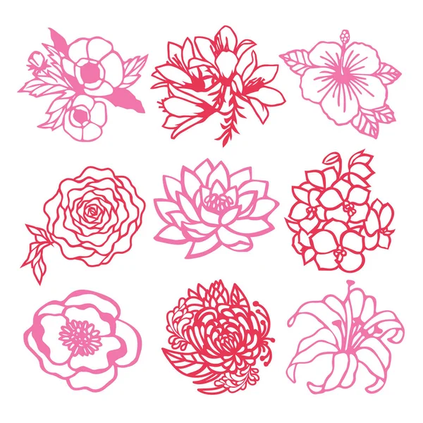 Conjunto floral de flores de silueta de corte de papel — Vector de stock