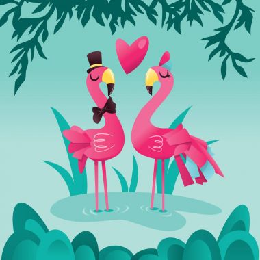 Karikatür tropikal gölde pembe flamingolar