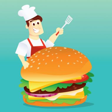 Karikatür mutlu Şef ve Hamburger