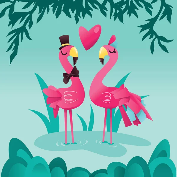 Karikatür tropikal gölde pembe flamingolar