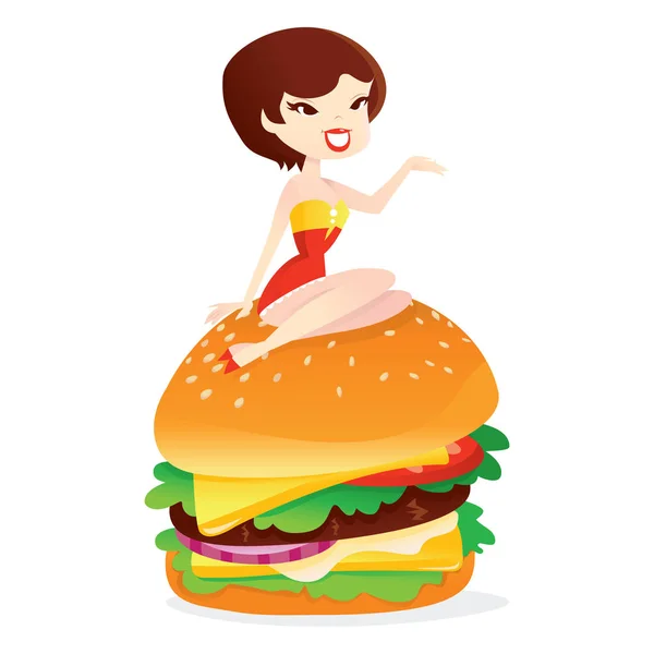 Retro Pin Up menina sentada em um grande hambúrguer — Fotografia de Stock